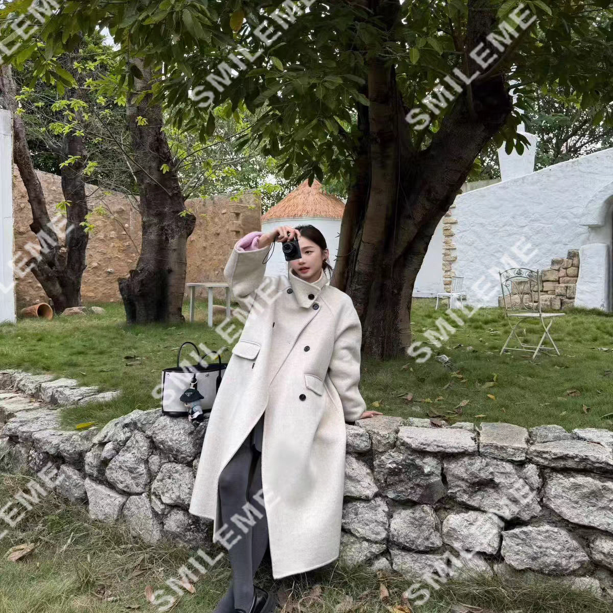 0001秋冬韩版立领慵懒宽松遮肉显瘦百搭轻奢中长款双面绵羊毛大衣