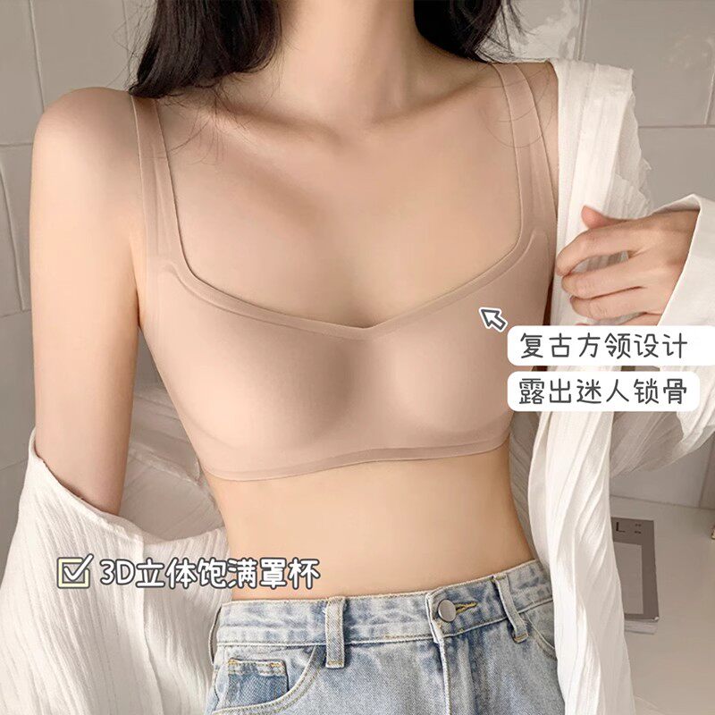 复古方领固定杯内衣女小胸不空杯无钢圈无痕舒适轻运动学生文胸罩