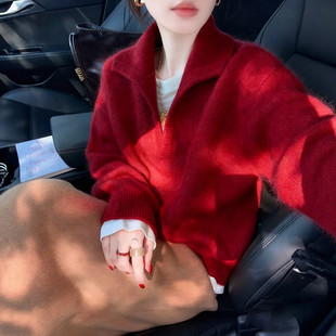 安可拉红色v领马海毛毛衣女秋冬新款慵懒高级感宽松翻领针织上衣