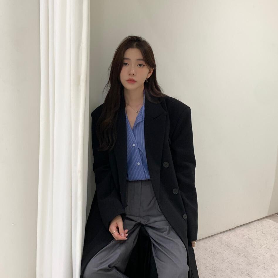 已出货 黑色风衣外套女秋冬韩版宽松垫肩高级感廓形西装毛呢大衣