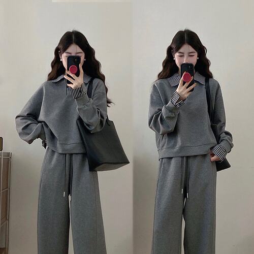 实拍~胖mm韩系chic灰色休闲运动套装时尚卫衣阔腿裤长裤两件套