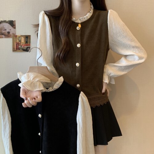 实拍~大码女装小众圆领拼接衬衣女单排扣长袖打底衫