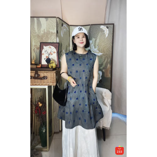【大美红遍天】“小清新蓝波点-香云纱”圆领连衣裙100%桑蚕丝