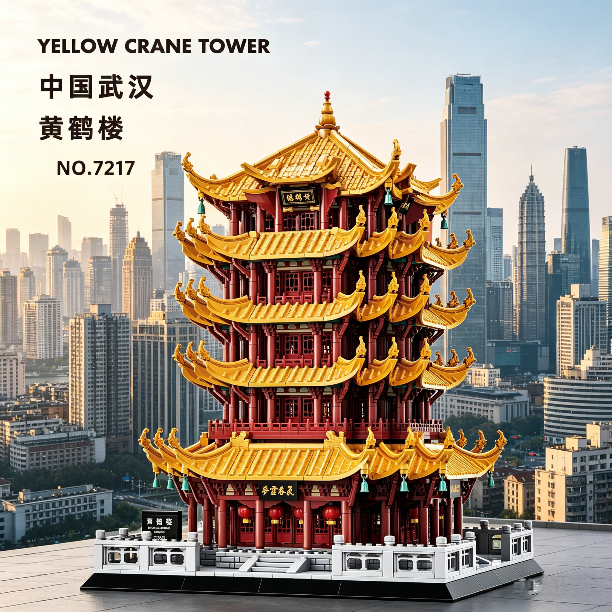 万格7217黄鹤楼高难度拼装积木