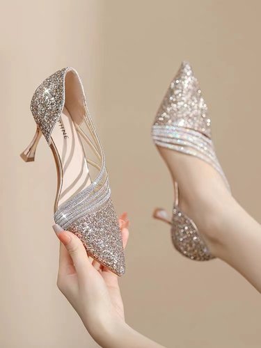 香槟色婚鞋新娘鞋细跟亮片禾秀婚纱两穿不累脚日常可穿水晶高跟鞋