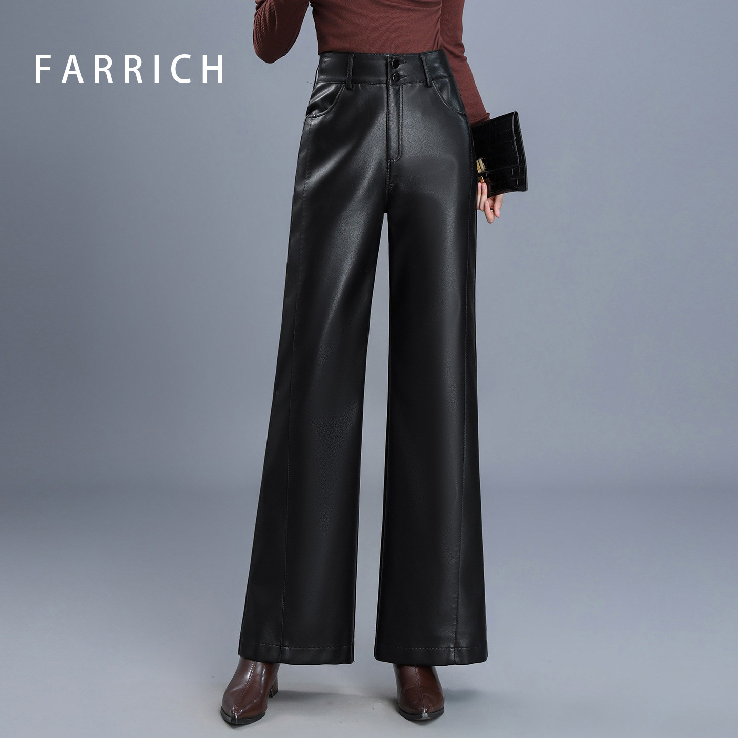 FARRICH高腰气质皮裤阔腿裤显瘦