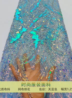 天蓝色网纱布料精致珠片花型珠管绣亮片刺绣面料婚纱晚礼服连衣裙