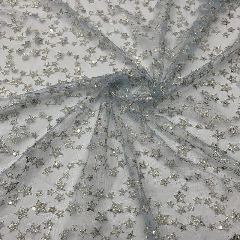 网纱小清新星星银股线珠片布料