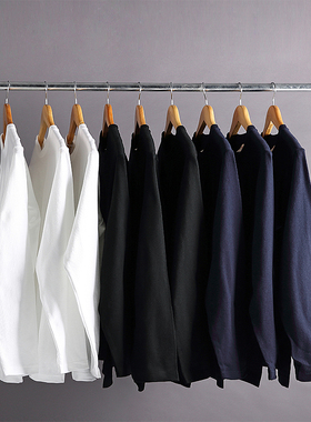 t恤男长袖纯白春秋潮流帅气纯棉圆领宽松大码纯色加大打底衫体恤