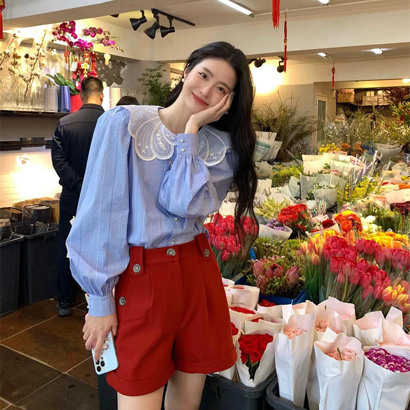 2023春装新款蕾丝花边领长袖衬衫法式复古女生衬衣设计感百搭上衣
