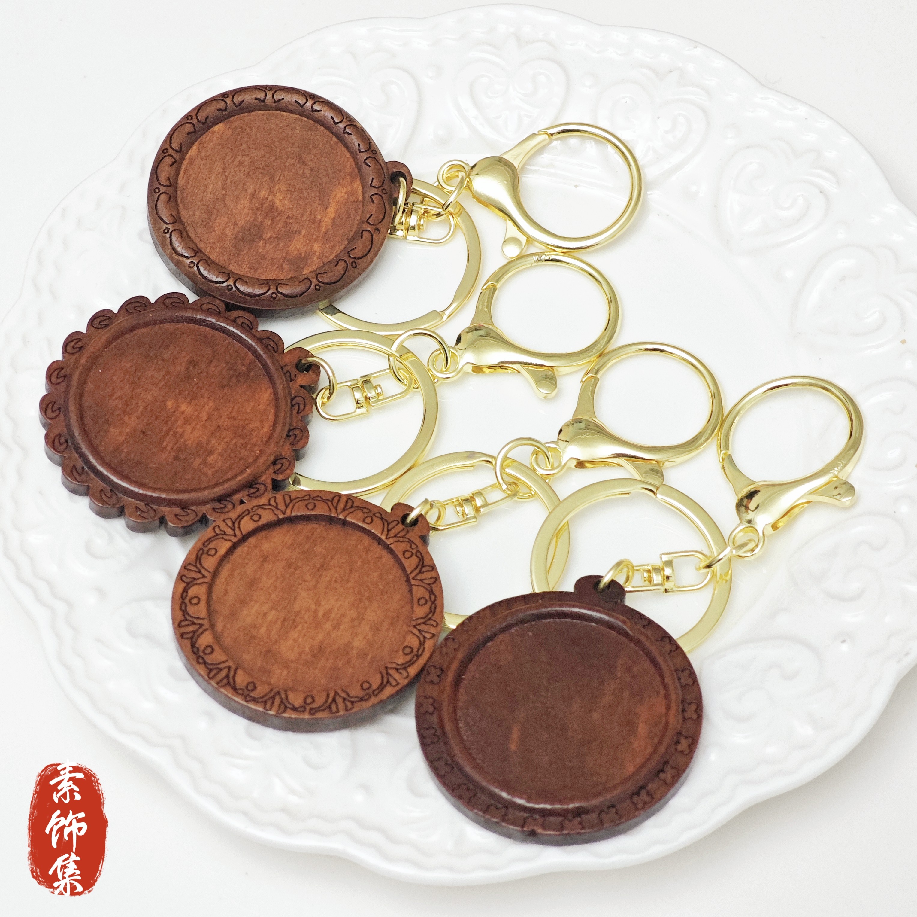 复古木质空托掐丝刺绣钥匙扣底托