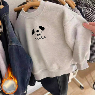 百搭白灰色男童卫衣秋冬款男宝保暖加绒儿童领结小狗2026新款上衣