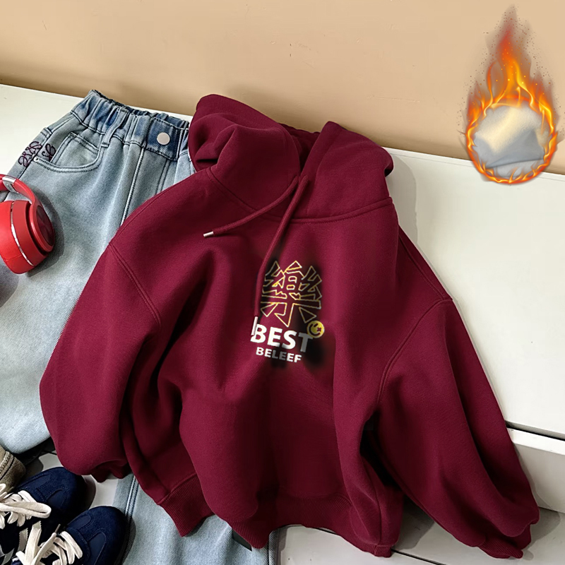 2025秋冬新款新年衣服男童女童暗红色连帽卫衣加绒加厚外套