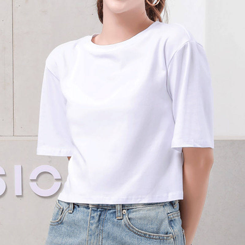 白色短款t恤女宽松短袖高腰露脐半袖上衣2023新黑色夏季女士体恤