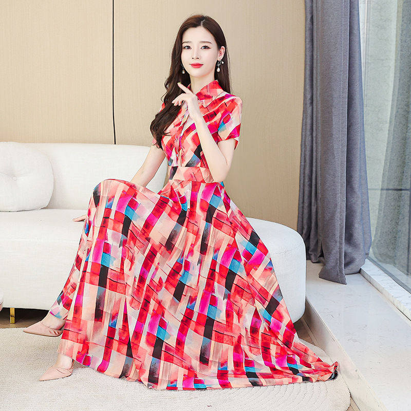 雪纺印花连衣裙女长款2023春夏新款显瘦时尚减龄波西米亚大摆长裙