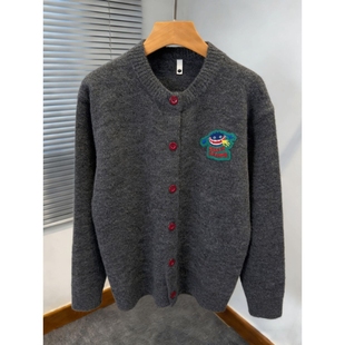秋冬穿搭美式撞色纽扣复古卡通刺绣圆领长袖针织开衫男女毛衣外套