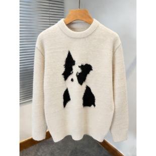 美式卡通套头毛衣男女冬季潮流圆领针织衫慵懒休闲情侣内搭