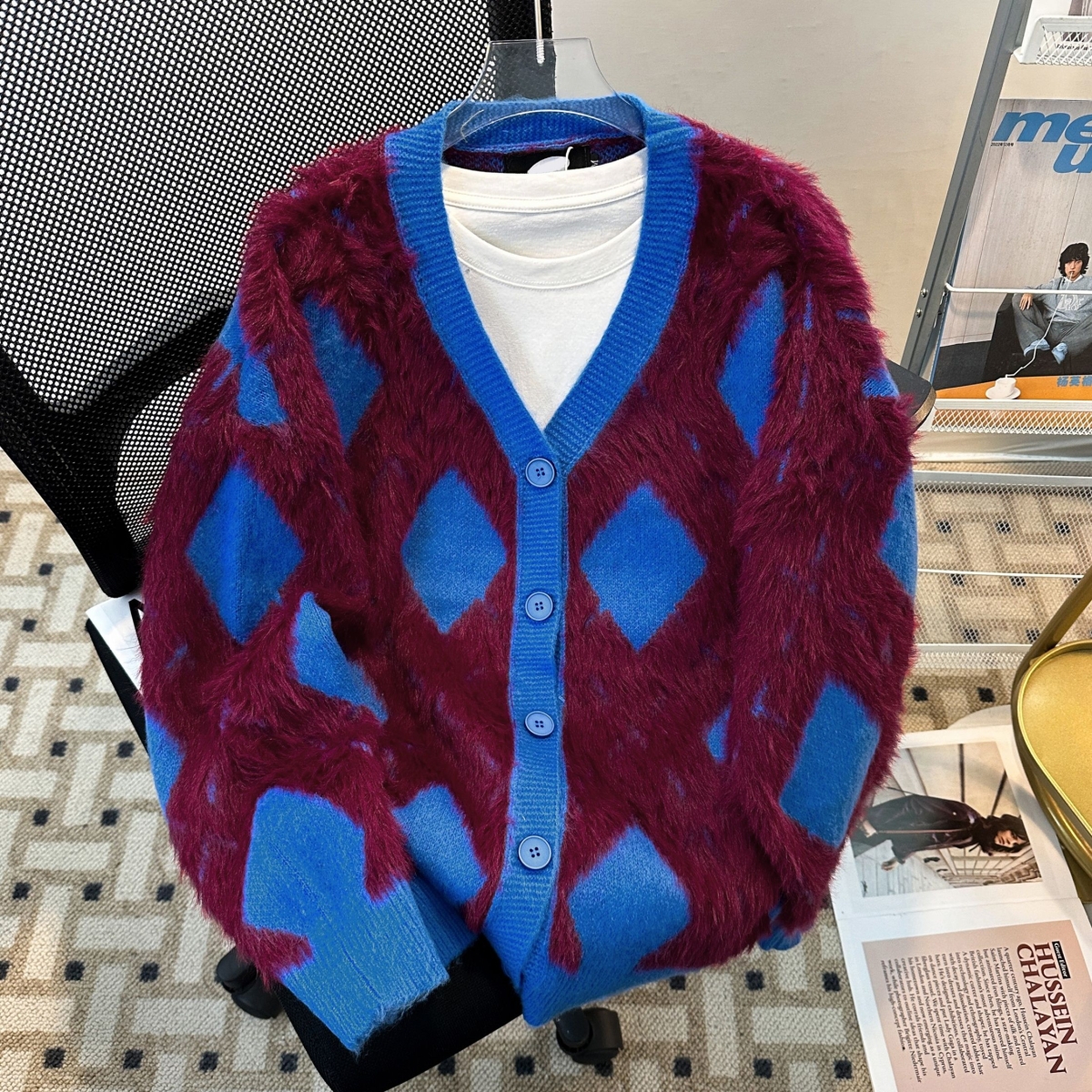 美式秋季复古菱形格子不规则V领开衫毛衣男女针织衫开衫外套情侣