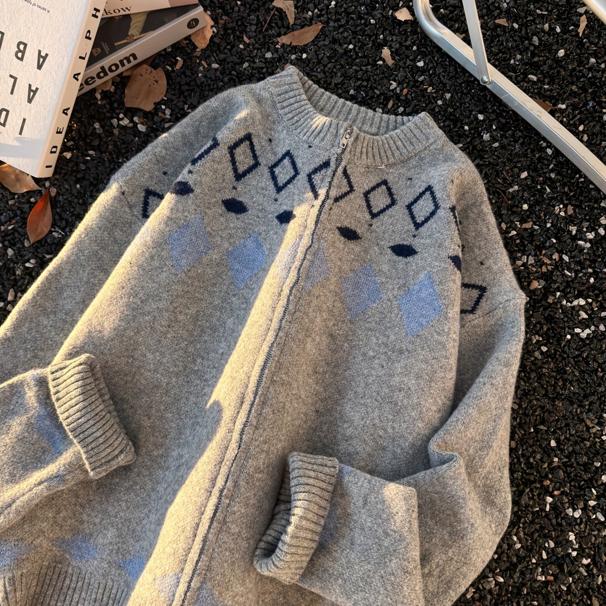 冬季新品古着费尔岛氛围感针织衫男生灰色无领开衫毛衣保暖外套男