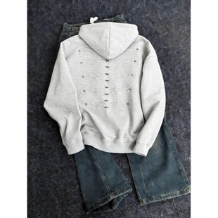 春季美式重磅Cleanfit复古钉珠刺绣设计连帽卫衣男女宽松休闲帽衫