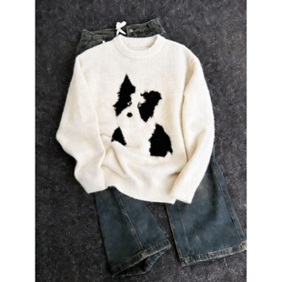 美式卡通套头毛衣男女冬季潮流圆领针织衫慵懒休闲情侣内搭