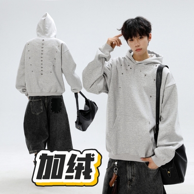 美式Cleanfit加绒加厚刺绣连帽卫衣男款青少年宽松休闲上衣帽衫潮