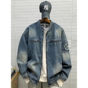 春秋美式复古做旧水洗牛仔外套男女潮牌高街宽松休闲工装夹克潮流