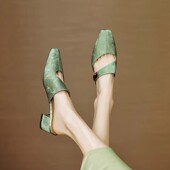 女夏季 粗跟高跟鞋 外穿凉拖国风鞋 穆勒鞋 半托 子法式 真皮包头半拖鞋