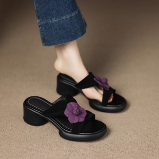 巨舒服超软真皮法式绝美拖鞋女夏外穿2025新款粗跟厚底高跟凉拖鞋