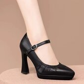 旗袍模特走秀黑色高跟鞋 防水台一字扣带粗跟单鞋 女2025年春季 新款