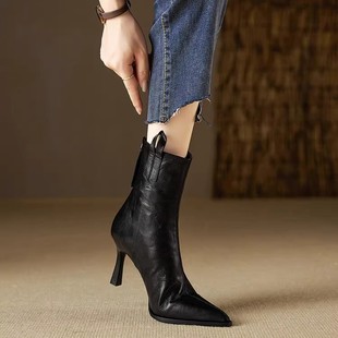 软皮优雅短靴 高级感尖头细跟单靴高跟鞋 法式 小踝靴女2025秋冬新款