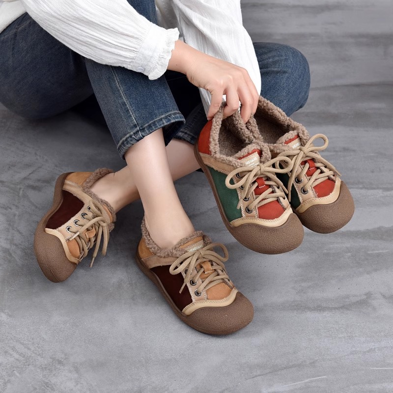 高品质拼色女鞋加绒圆头休闲鞋