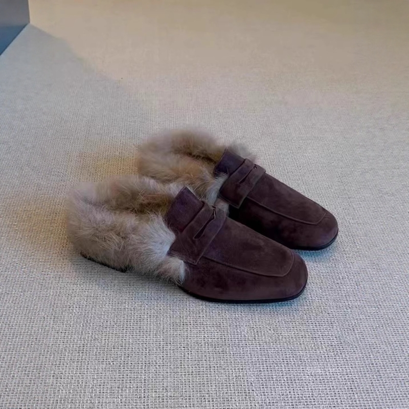 真兔毛一脚蹬复古拼接方头低跟毛毛鞋女2025冬季加绒保暖毛毛拖鞋