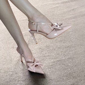 通勤尖头细跟高跟鞋2026年春夏新款法式交叉带蝴蝶结女士包头凉鞋