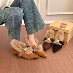 韩式内增高毛毛鞋女2025年冬季新款尖头浅口单鞋中跟外穿加绒保暖