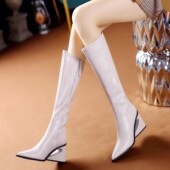 设计感尖头高跟靴女2025秋冬新款 弹力异形跟及膝靴显瘦中跟长靴子