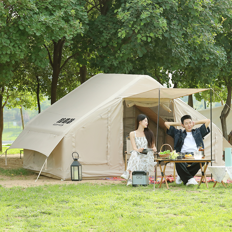 户外露营充气帐篷加厚防雨小屋棉布帐篷野营牛津小屋脊帐篷亘便携