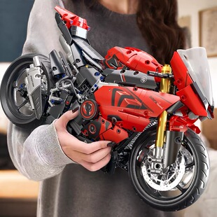 2026新款红色杜卡迪摩托车遥控灯光模型摆件男孩拼装积木玩具礼物