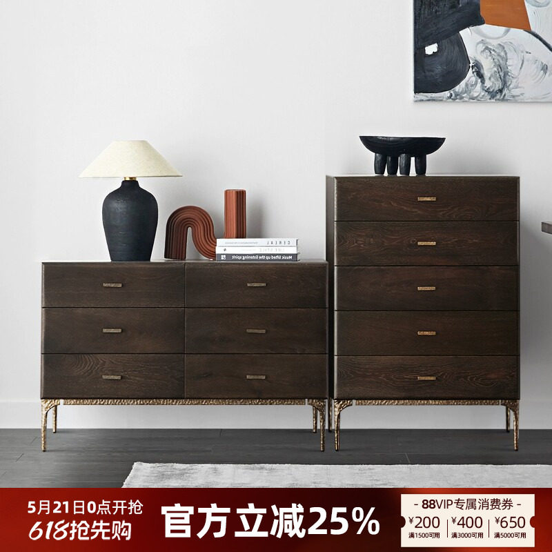 进口北欧表情斗柜烟熏橡木卧室床尾靠墙客厅边柜实木柜子原木家具