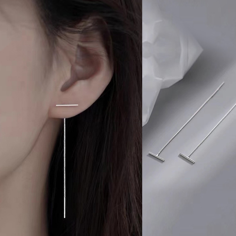 s925纯银一字耳线长款气质T型耳钉简约冷淡风2023新款耳环女耳饰-封面