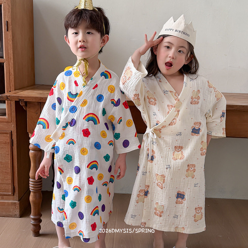 26春夏儿童全棉双层纱布睡袍浴袍中大童纯棉连体睡衣浴巾护肚