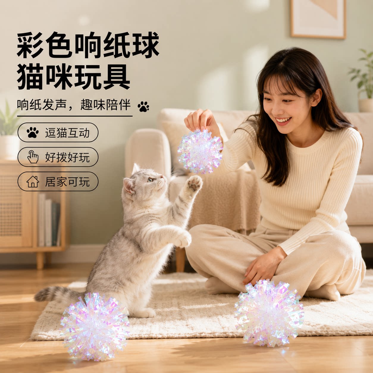 彩色响纸球逗猫棒自嗨耐咬