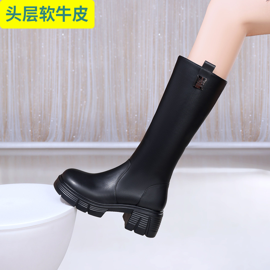 头层牛皮新款女士厚底单靴增高显瘦中筒女靴加绒加厚简约休闲棉靴