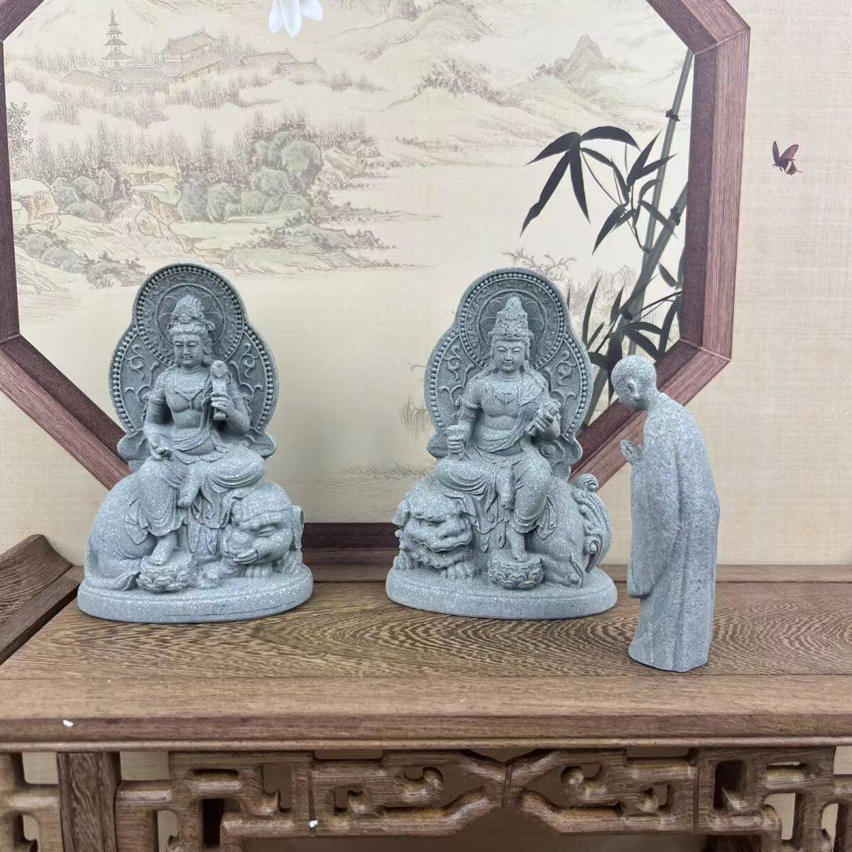 汉白玉四大天王菩萨佛像摆件坐狮文殊普贤观音菩萨家居装饰工艺品