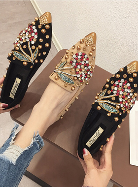 单鞋女2025年新款春夏季韩版百搭水钻尖头平底时尚大码女鞋43铆钉