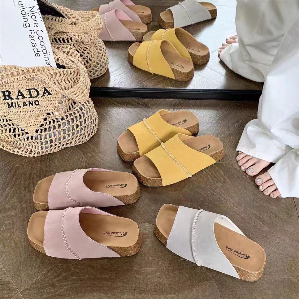 【sheii苏茵茵】多巴胺夏日~复古软木一字带厚底女凉拖鞋外穿