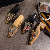 女镂空夏外穿穆勒凉鞋 包头凉拖鞋 女 女新款 潮牌水钻尖头粗跟半拖鞋