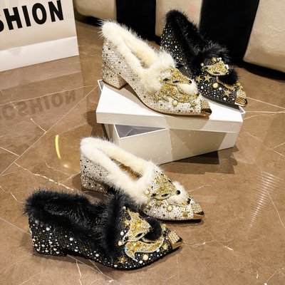 尖头毛毛鞋女2025韩版新款国风