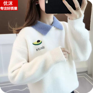 女大童加绒加厚毛衣秋冬季初中生学院风12-15岁胖女孩宽松polo领