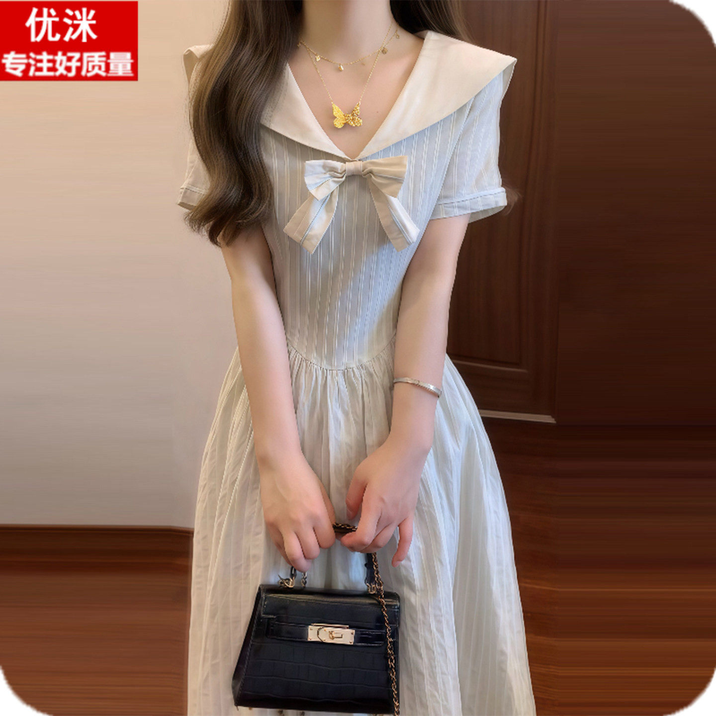 女大童海军领条纹连衣裙夏季少女甜美气质初中生高级感收腰长裙子